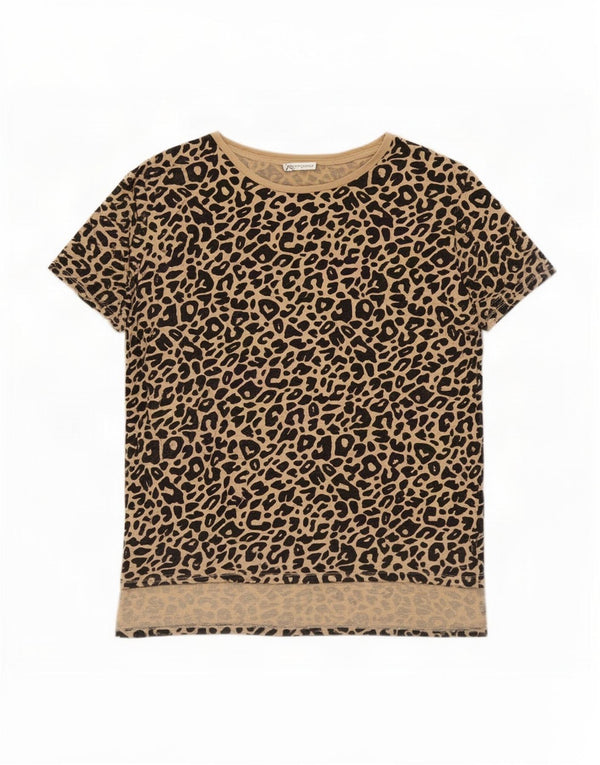 Zara Womens T-Shirt Top UK 16 Grand Beige Imprimé Animal