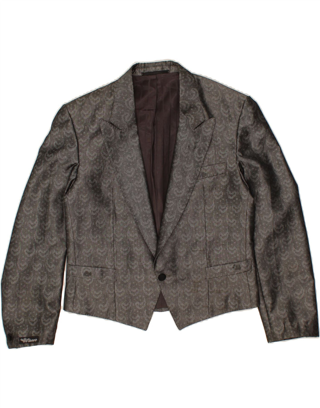TREVIRA Womens 1 Button Blazer Jacket UK 14 Medium Grey Paisley Polyester Vintage Trevira and Second-Hand Trevira from Messina Hembry 