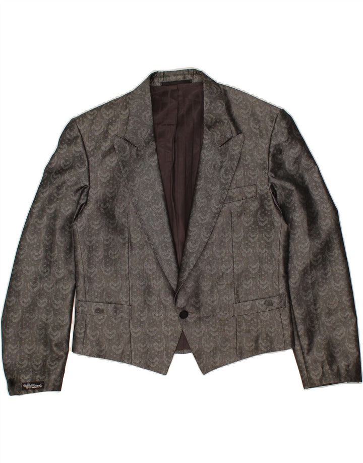 TREVIRA Womens 1 Button Blazer Jacket UK 14 Medium Grey Paisley Polyester Vintage Trevira and Second-Hand Trevira from Messina Hembry 