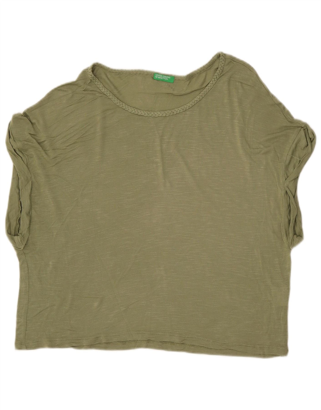 BENETTON Femmes Crop Oversize T-Shirt Top UK 6 XS Kaki Moucheté Viscose