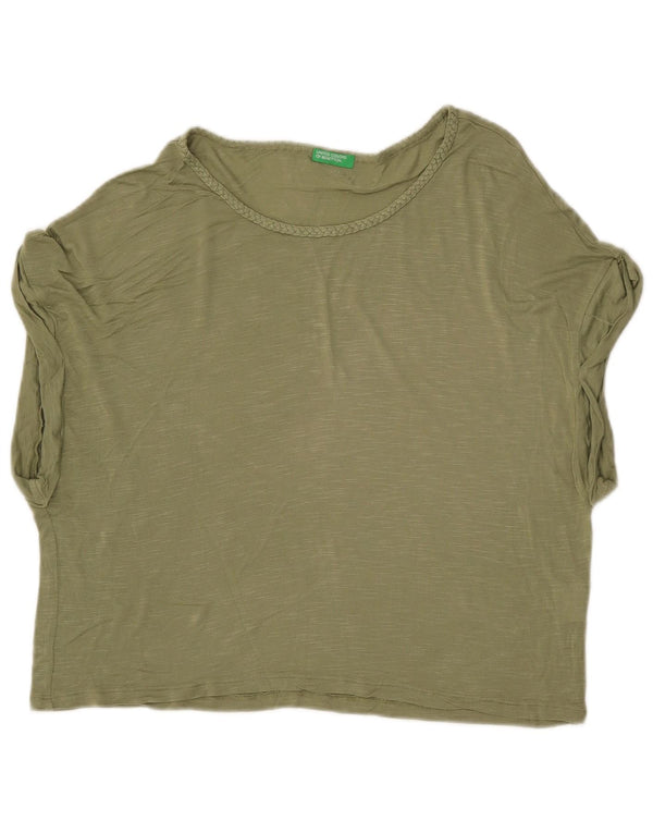 BENETTON Femmes Crop Oversize T-Shirt Top UK 6 XS Kaki Moucheté Viscose