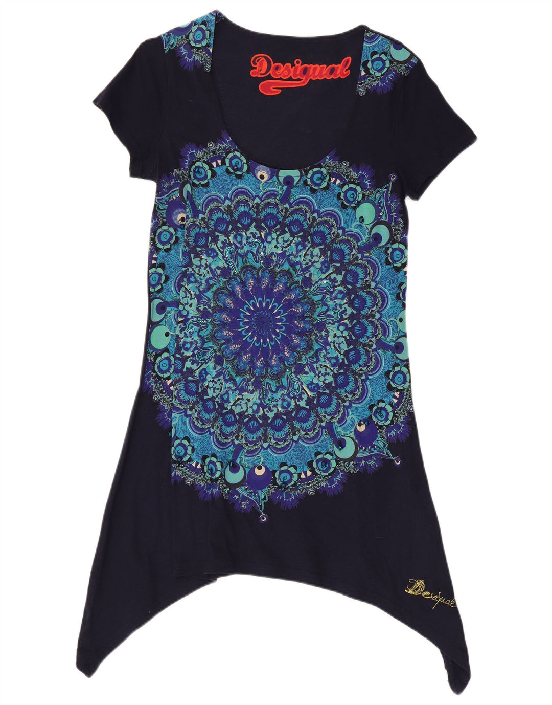 Desigual Tunique Asymétrique Femme UK 44 Large Bleu Marine Floral