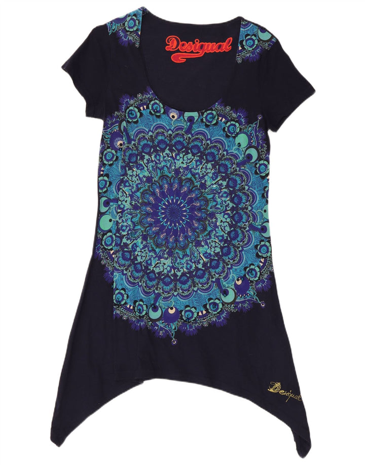 Desigual Tunique Asymétrique Femme UK 44 Large Bleu Marine Floral