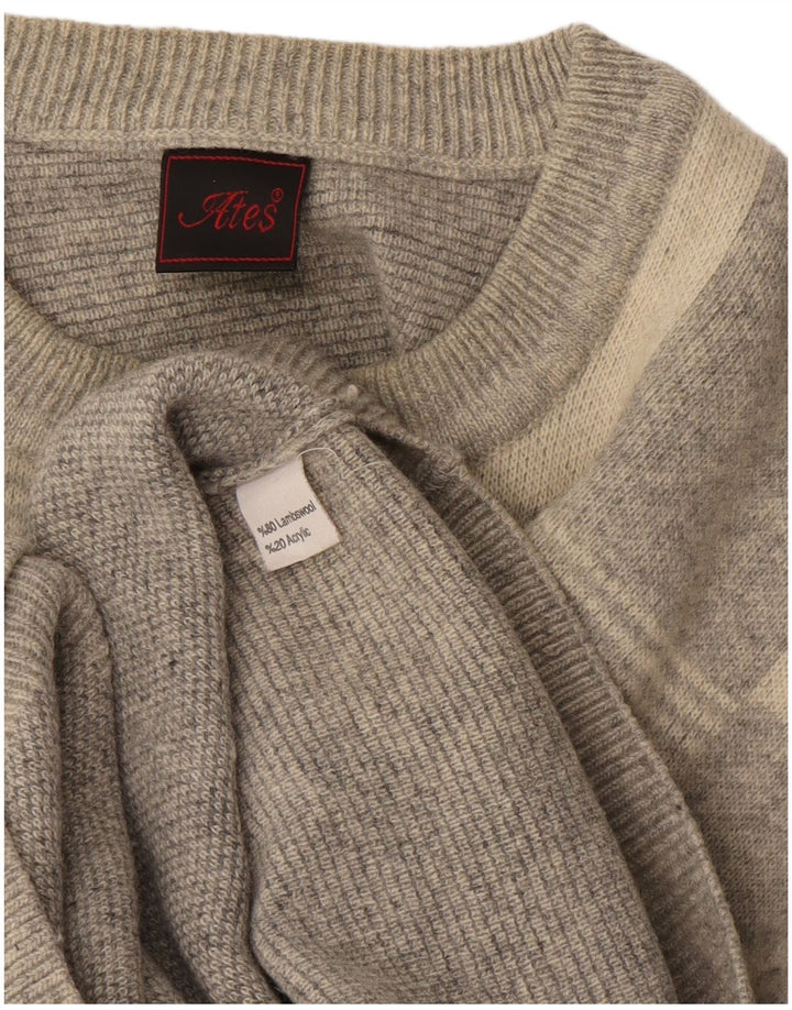 vintage Mens Crew Neck Jumper Pull XL Gris Check Lambswool