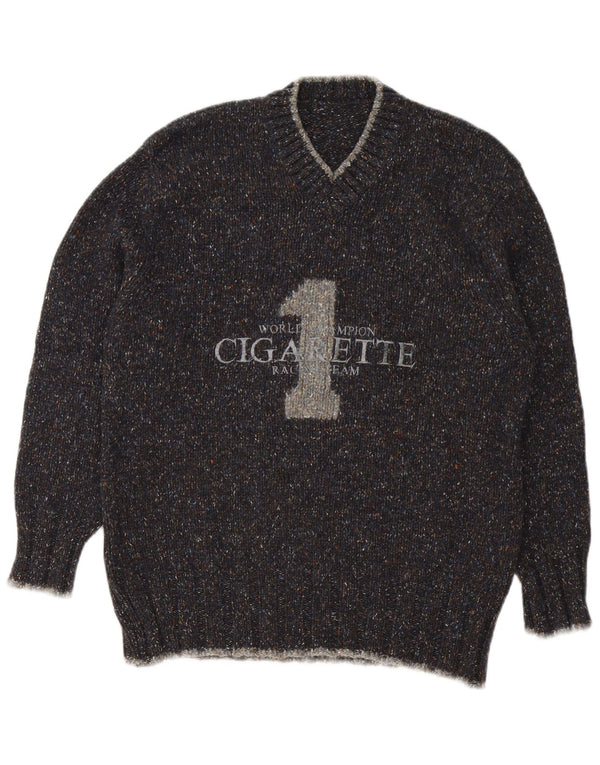 Vintage Mens Cigarette Graphique Col V Pull Pull Gris Moyen Moucheté