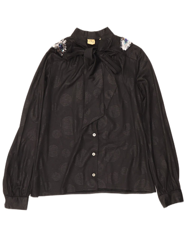 vintage Femme Front Tie Shirt Blouse IT 46 Grand Noir À Pois