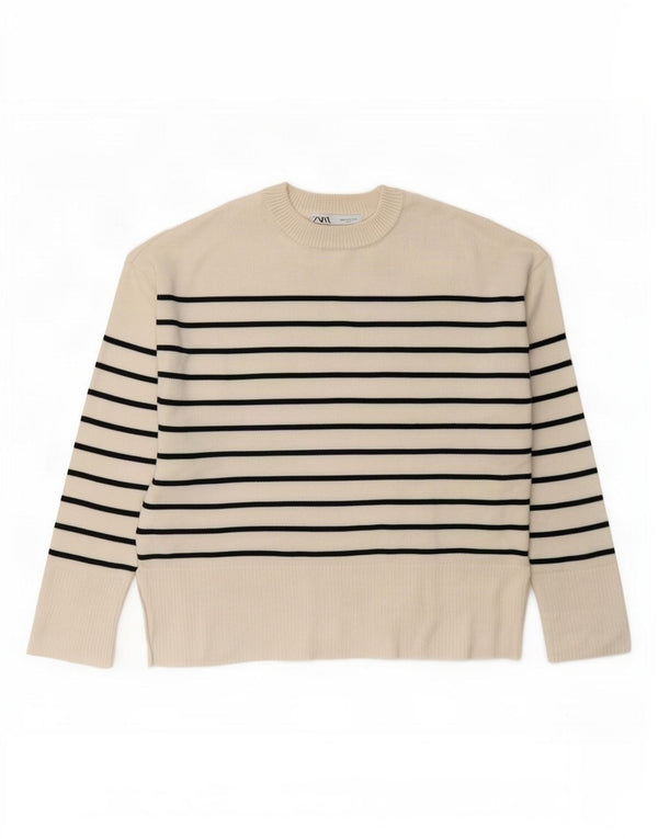 Zara Pull ras du cou pour femme UK 10 Petit blanc cassé rayé