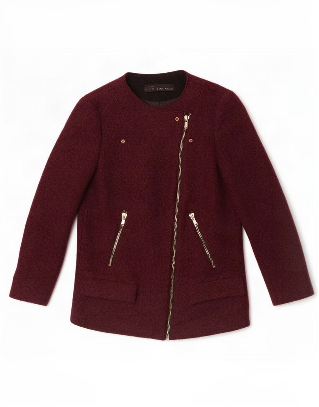 Zara Femme Veste Blazer Zippée UK 12 Laine Bordeaux Moyen
