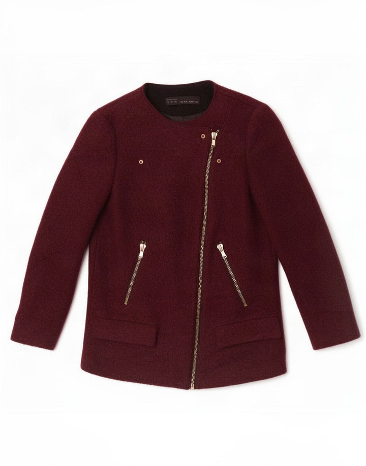 Zara Femme Veste Blazer Zippée UK 12 Laine Bordeaux Moyen