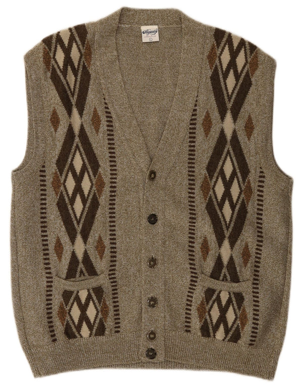 vintage Mens Cardigan sans manches Pull Grand Kaki Argyle/Diamant Acrylique