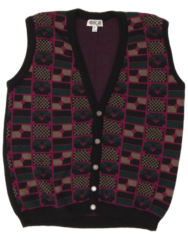 vintage Mens Cardigan sans manches Pull IT 52 Grand Noir Géométrique
