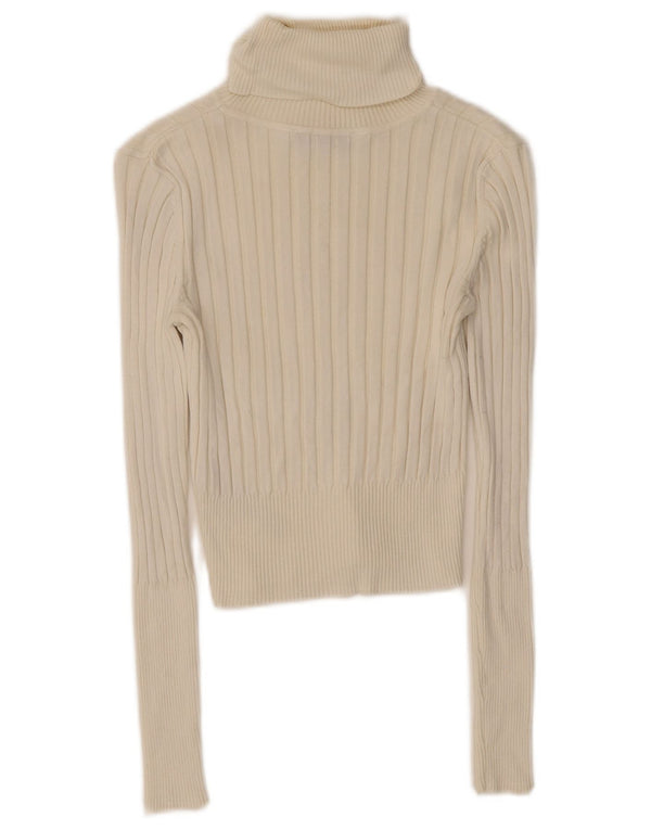 Zara Femme Haut Court Col Roulé Manches Longues UK 10 Petite Viscose Blanche