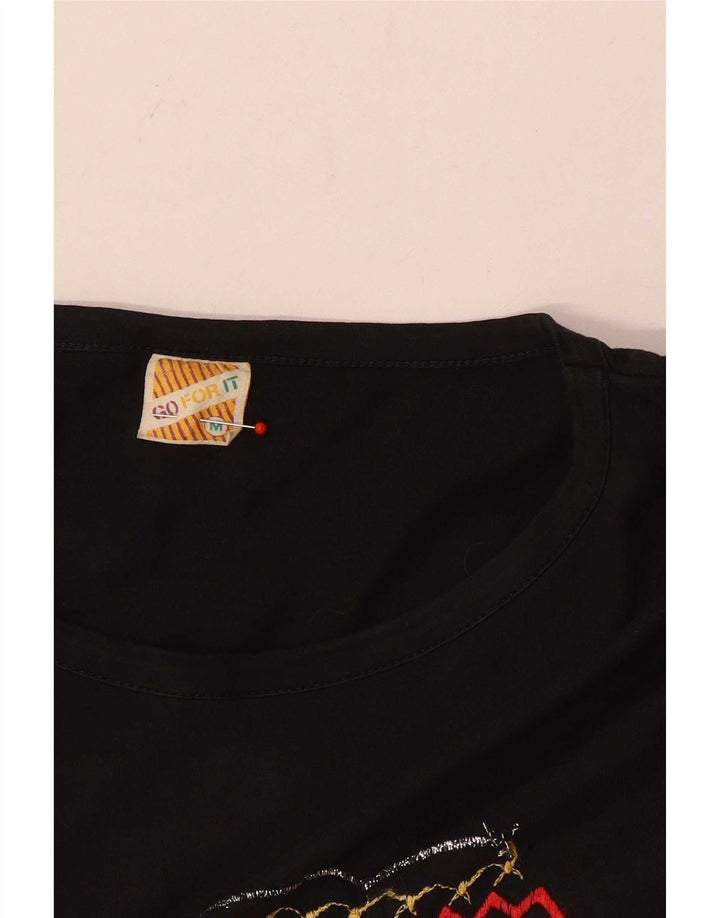 vintage Femmes Graphique Top 3/4 Manches UK 14 Moyen Noir Coton