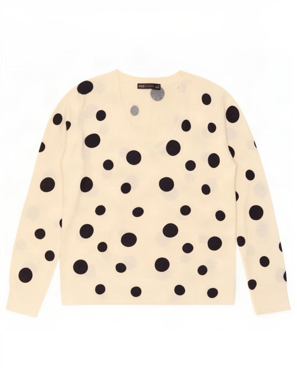 Marks & Spencer Pull col en V pour femme UK 10 Petit Blanc à pois