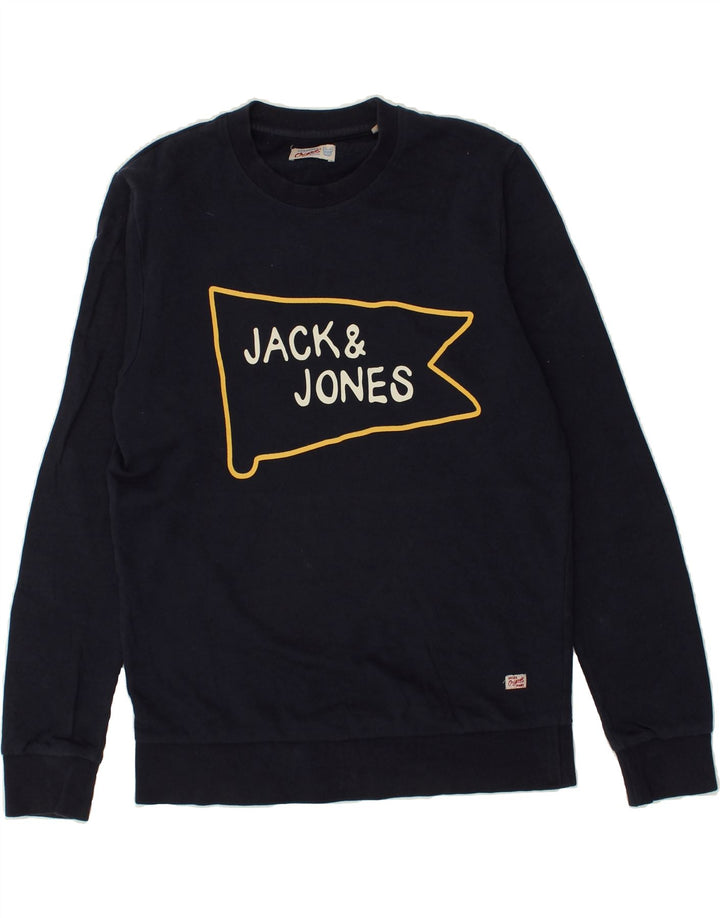 JACK & JONES Mens Graphic Hoodie Jumper Medium Navy Blue Cotton | Vintage Jack & Jones | Thrift | Second-Hand Jack & Jones | Used Clothing | Messina Hembry 