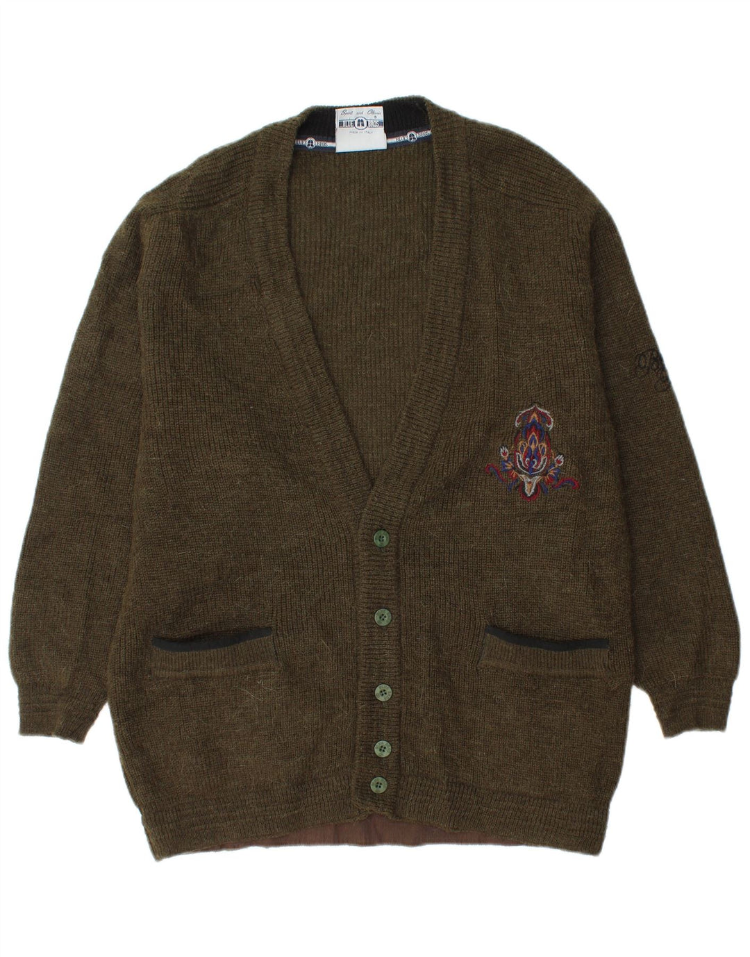 vintage Mens Cardigan Pull Moyen Kaki Laine