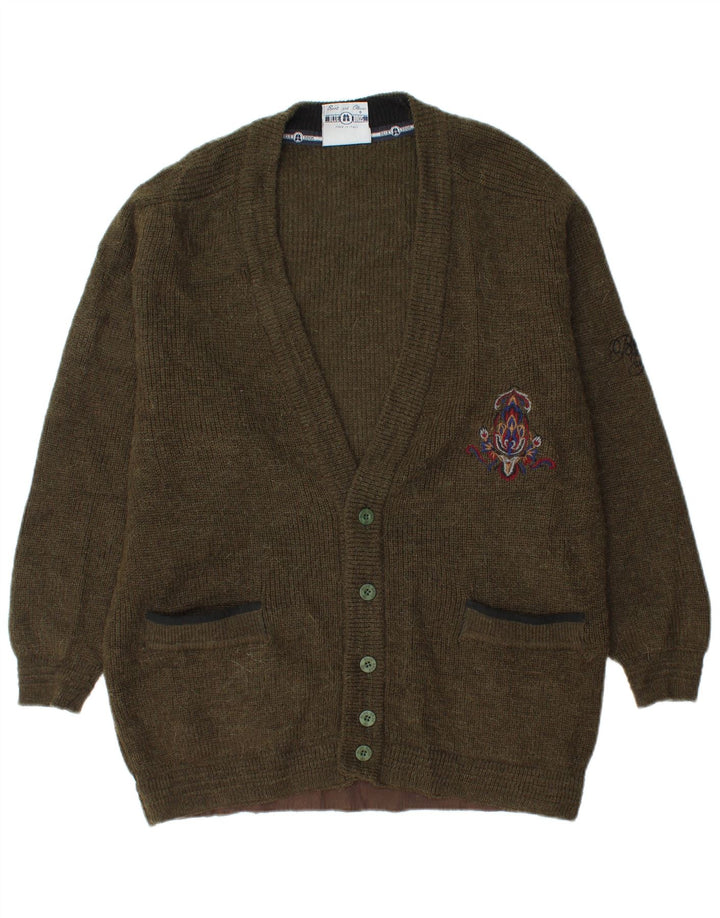 vintage Mens Cardigan Pull Moyen Kaki Laine
