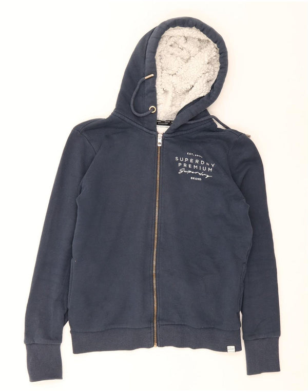 Superdry Pull à capuche zippé graphique pour femme UK 14 Grand coton bleu marine