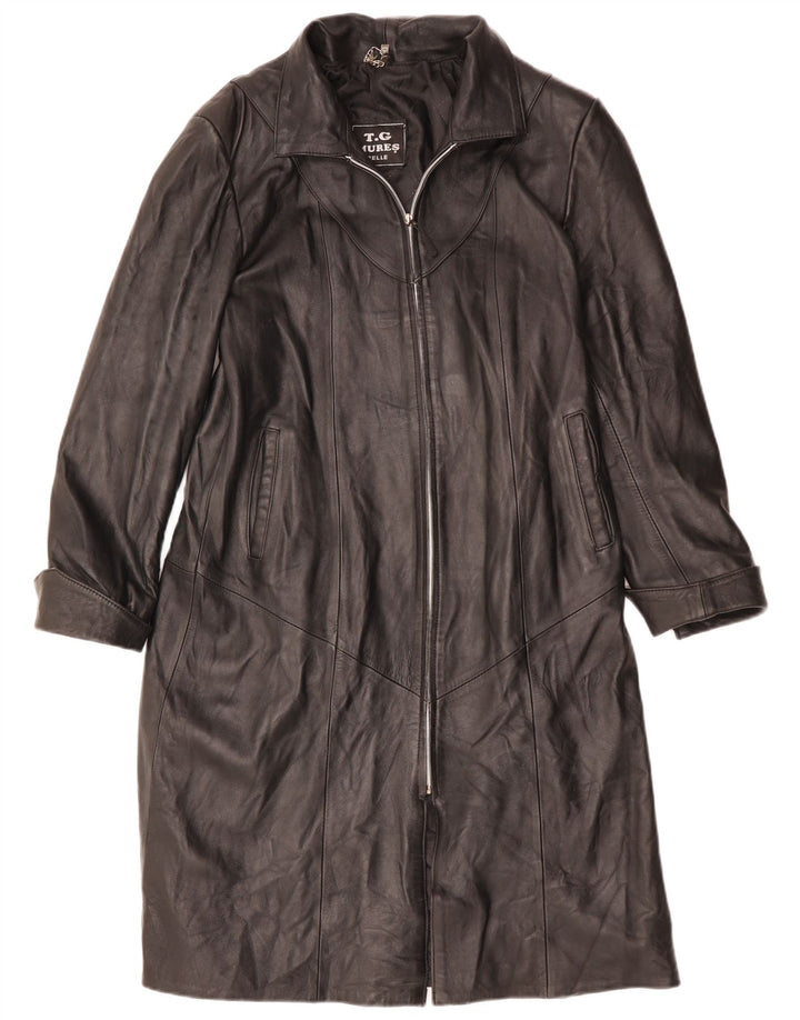 manteau en cuir femme vintage UK 12 Cuir noir moyen