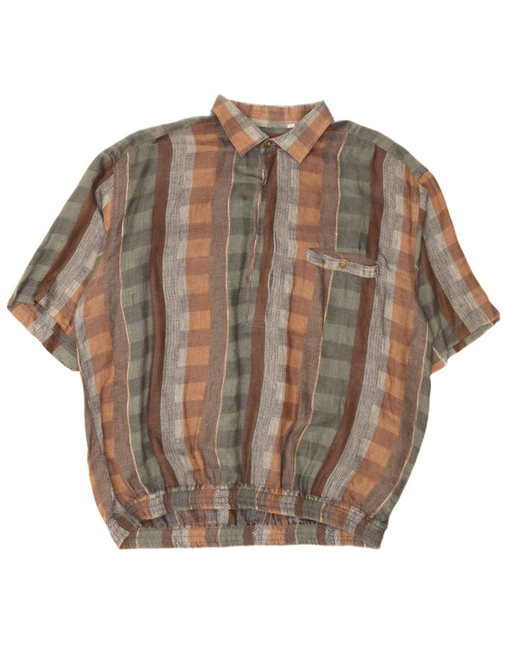 vintage Homme Manches Courtes Pull Chemise XL Multicolore Check Lin