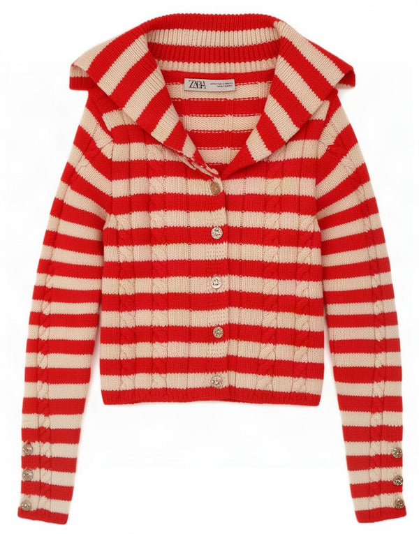 Zara Femme Cardigan Pull UK 4 XS Rouge Rayé Acrylique