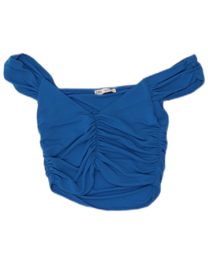Zara Femmes Crop Off Épaule Top UK 8 Petit Bleu Polyester