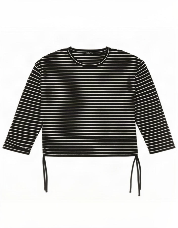 Zara Femme Top Manches Longues UK 16 Large Noir Polyester à Fines Rayures