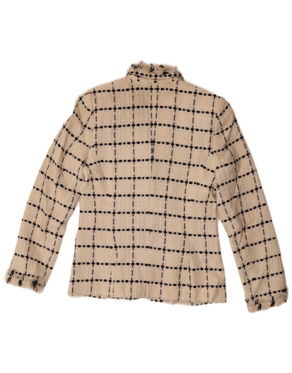 vintage Femmes 3 Bouton Blazer Veste UK 10 Petite laine à carreaux blanc cassé