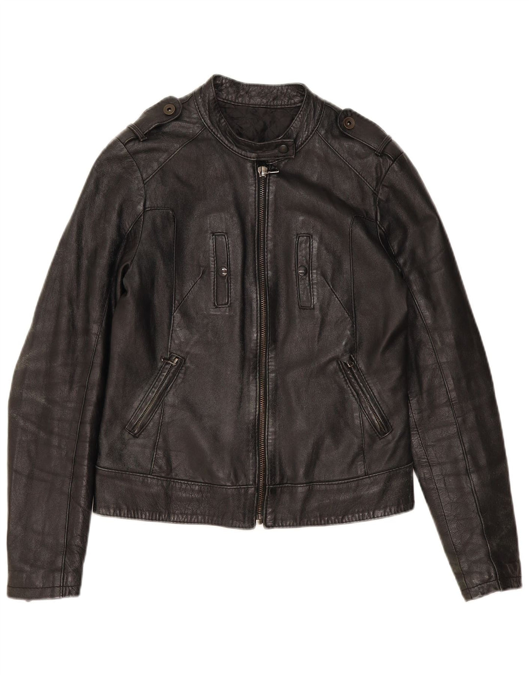 Veste motard en cuir femme vintage UK 12 Cuir noir moyen