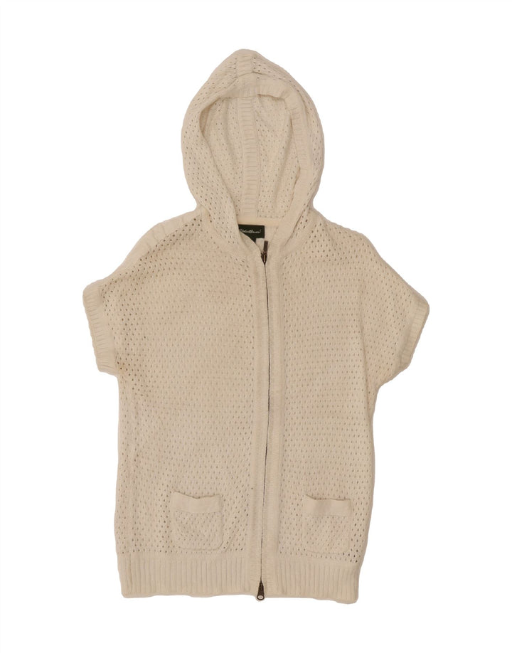 EDDIE BAUER Womens Short Sleeve Zip Neck Jumper Sweater UK 12 Medium White Vintage Eddie Bauer and Second-Hand Eddie Bauer from Messina Hembry 