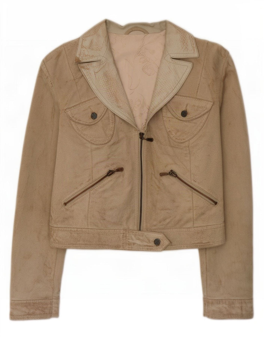 J.J.Scott Veste de motard en daim crop graphique pour femme IT 44 cuir gris moyen