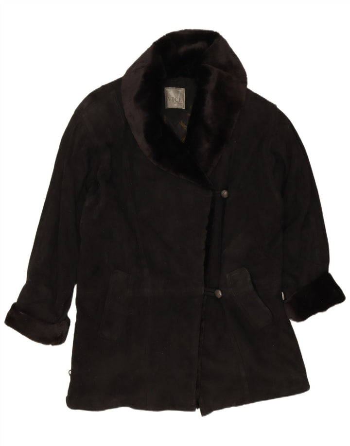 vintage Femmes Suède Overcoat Oversize EU 38 Cuir Noir Moyen