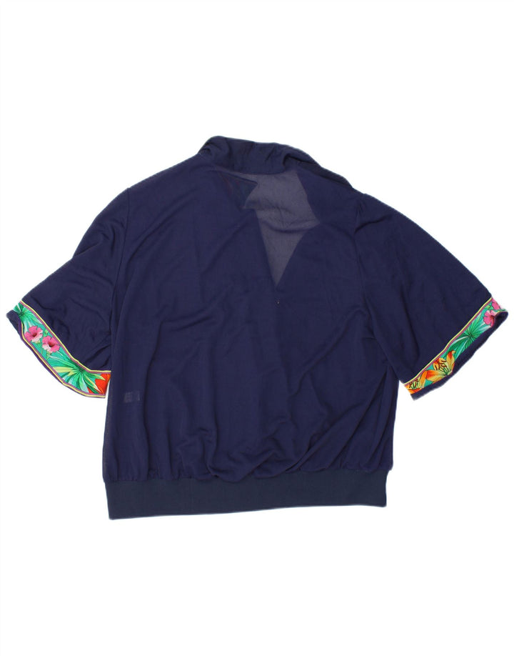 VINTAGE Femmes Crop Blouse Top IT 48 XL Bleu Marine Floral