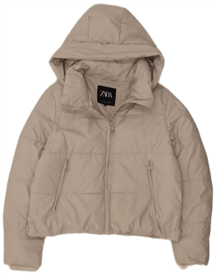 Zara Veste matelassée à capuche pour femme UK 16 Large Blanc Polyester
