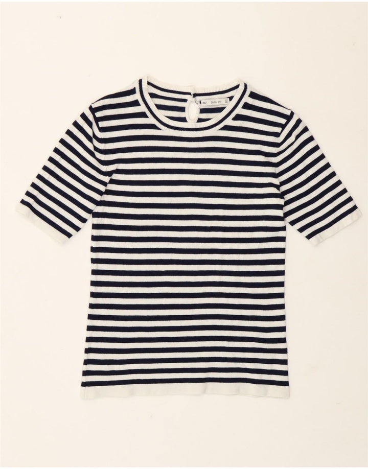 Zara Femme T-Shirt Top UK 12 Medium Bleu Marine Rayé