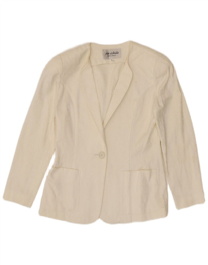 Jun Ashida Veste blazer à 1 bouton pour femme UK 10 Petit blanc cassé géométrique
