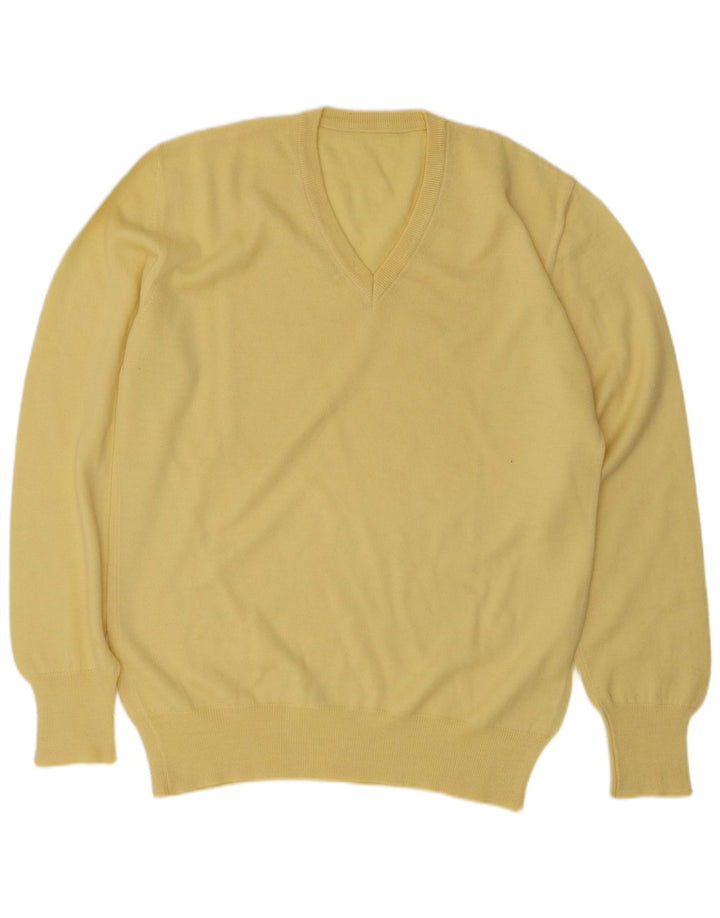 vintage Mens V-Col Jumper Pull Moyen Jaune Laine