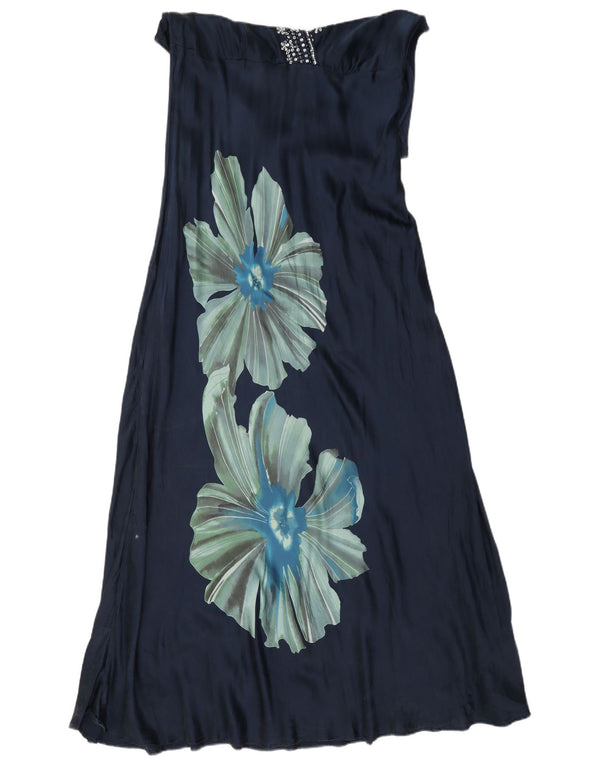 Principes Robe longue sans manches pour femme UK 44 Grande soie florale bleu marine