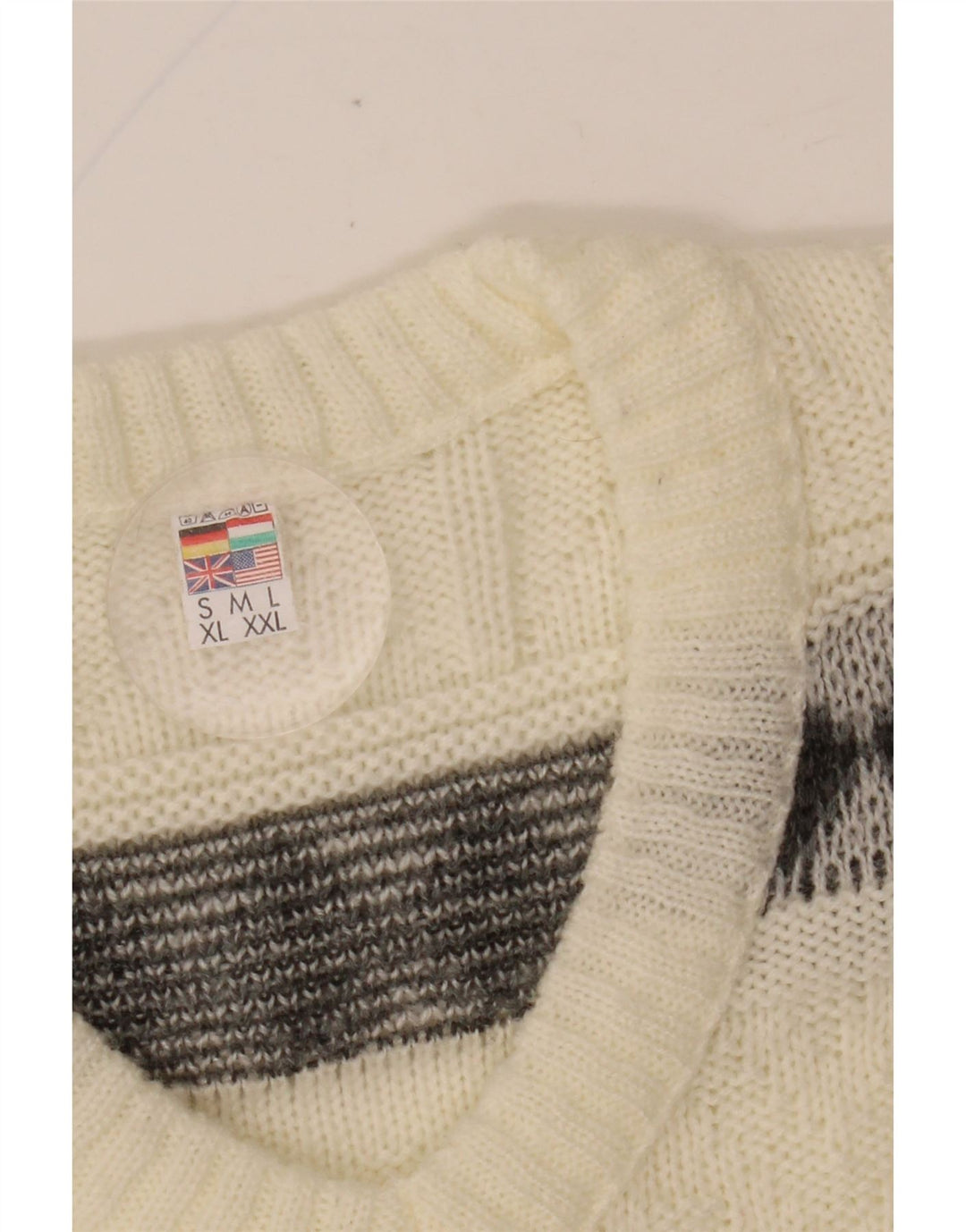 VINTAGE Pull col V pour homme Large Off White Fair Isle