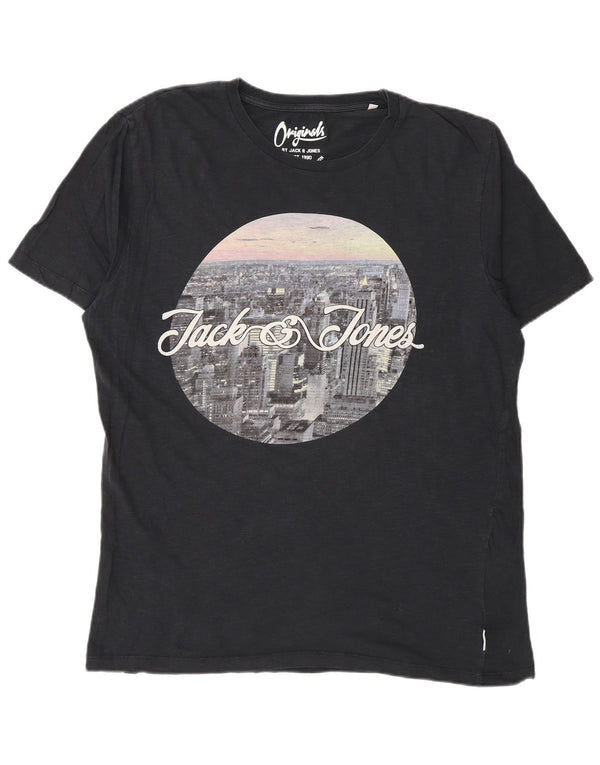 Jack & Jones Mens Graphic T-Shirt Top XL Black Cotton