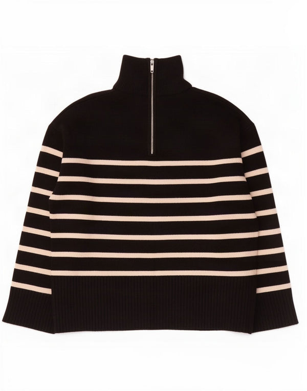 Zara Pull surdimensionné à col zippé pour femme UK 10 Petit rayé noir