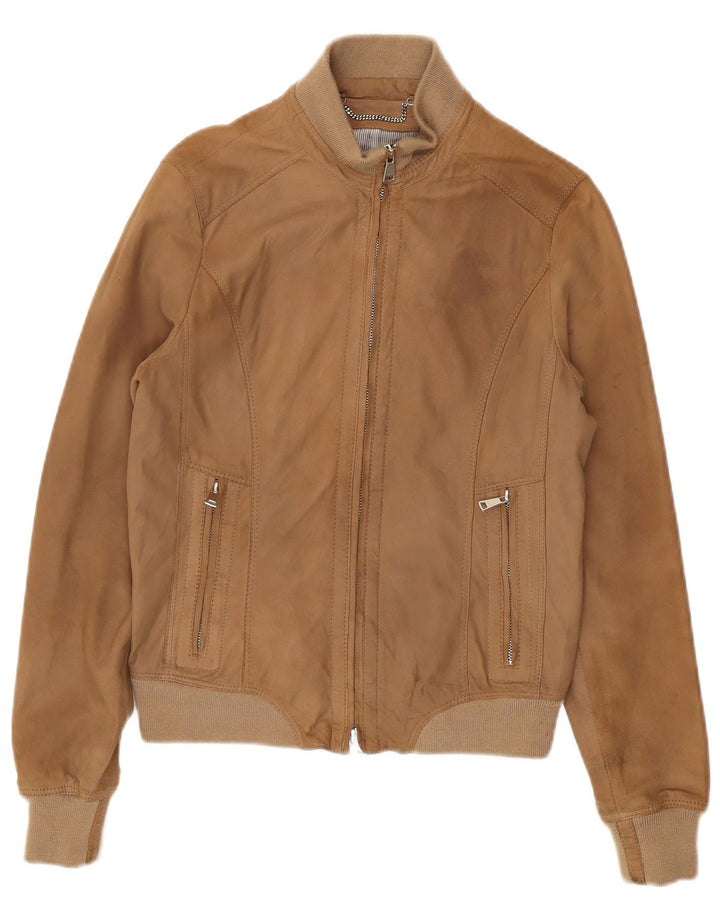 Veste Bomber En Daim Femme Vintage IT 42 Cuir Brun Moyen