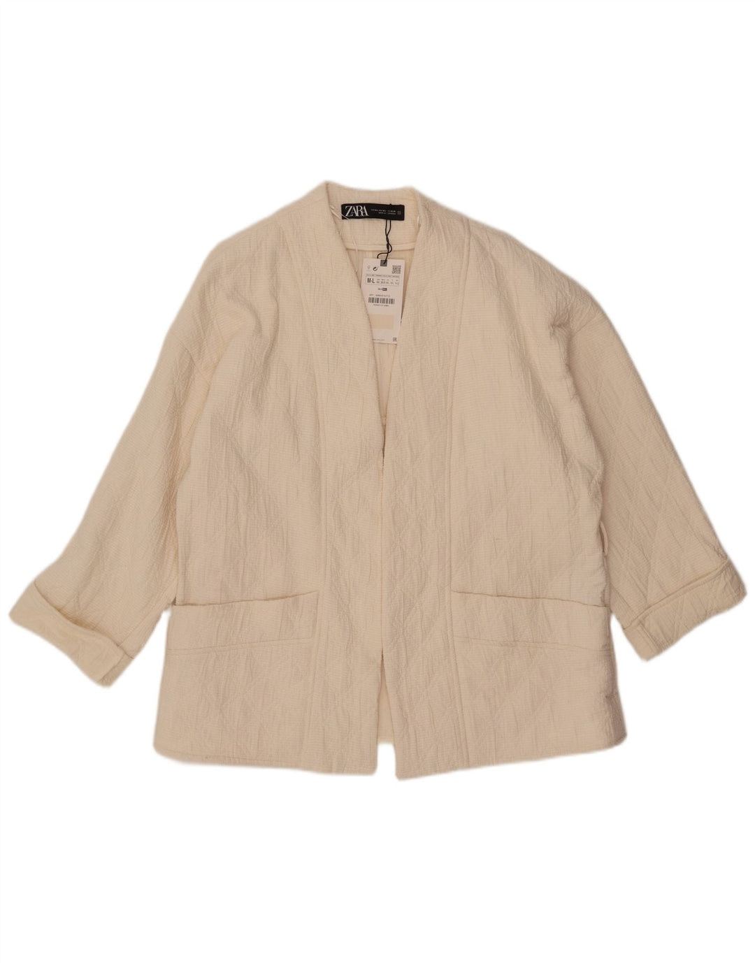 ZARA Veste blazer ouverte surdimensionnée à manches 3/4 pour femme UK 14 Medium Off White