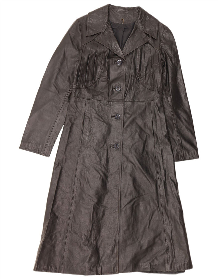 VINTAGE Manteau en cuir femme UK 10 Petit cuir noir