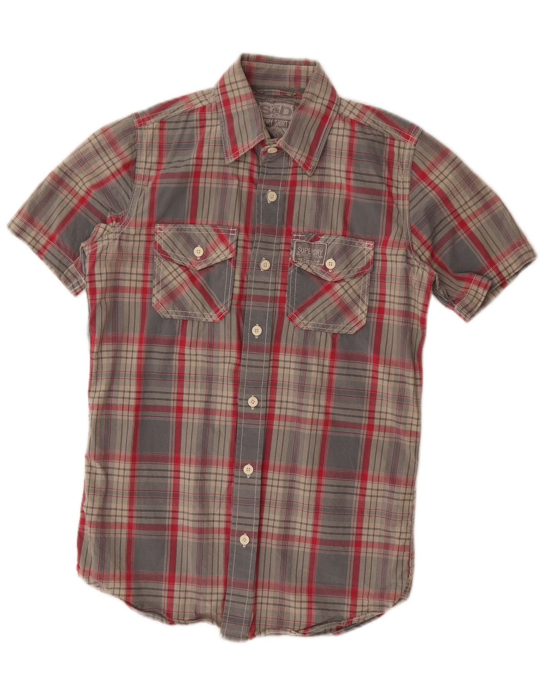 Superdry Chemise à Manches Courtes Homme Petit Gris Plaid Cotton
