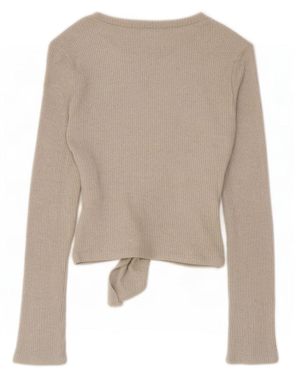 Zara Womens Front Tie Top Manches Longues UK 10 Small Beige Viscose