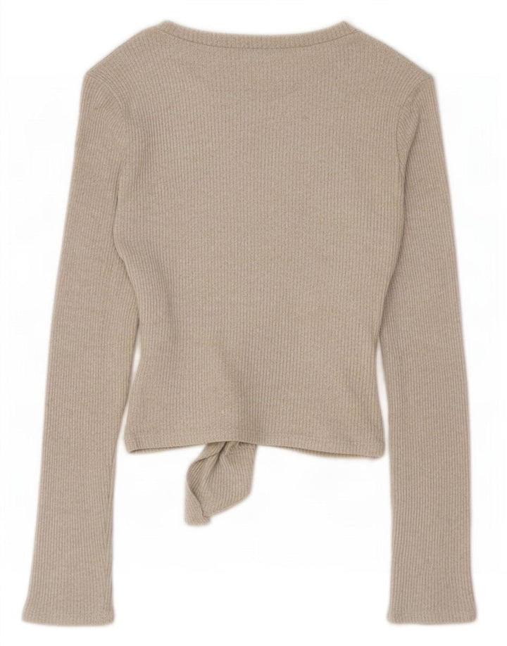Zara Womens Front Tie Top Manches Longues UK 10 Small Beige Viscose