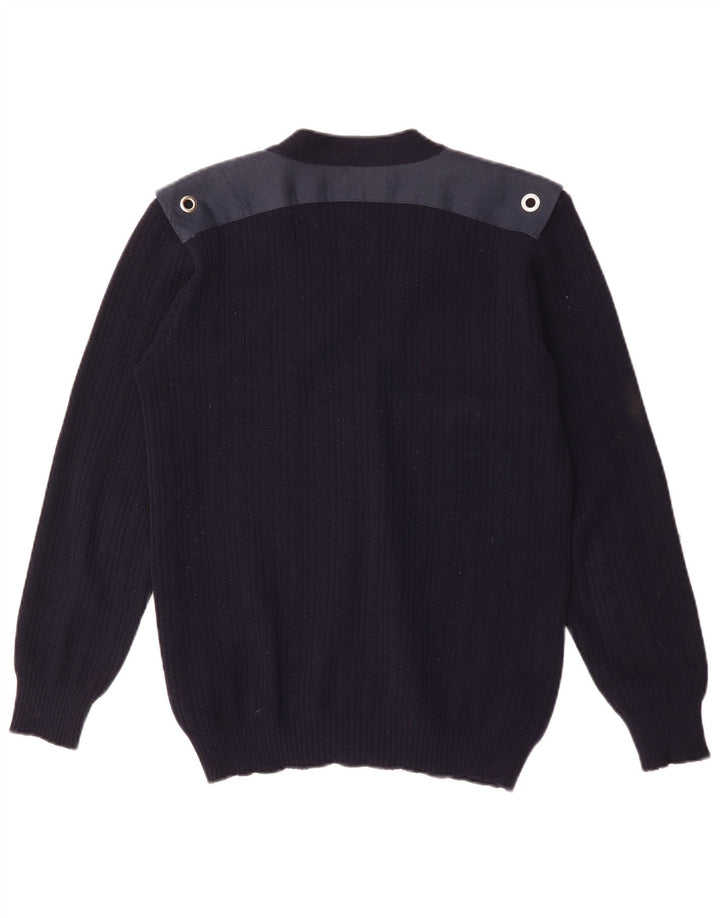 vintage Homme Cardigan Pull Moyen Marine Bleu Colorblock Laine