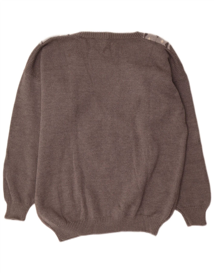 BENETTON Pull col V Femme IT 44 Gris Moyen Argyle/Diamant