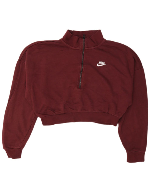 Nike Sweat-shirt court à col zippé pour femme UK 14 en coton bordeaux moyen